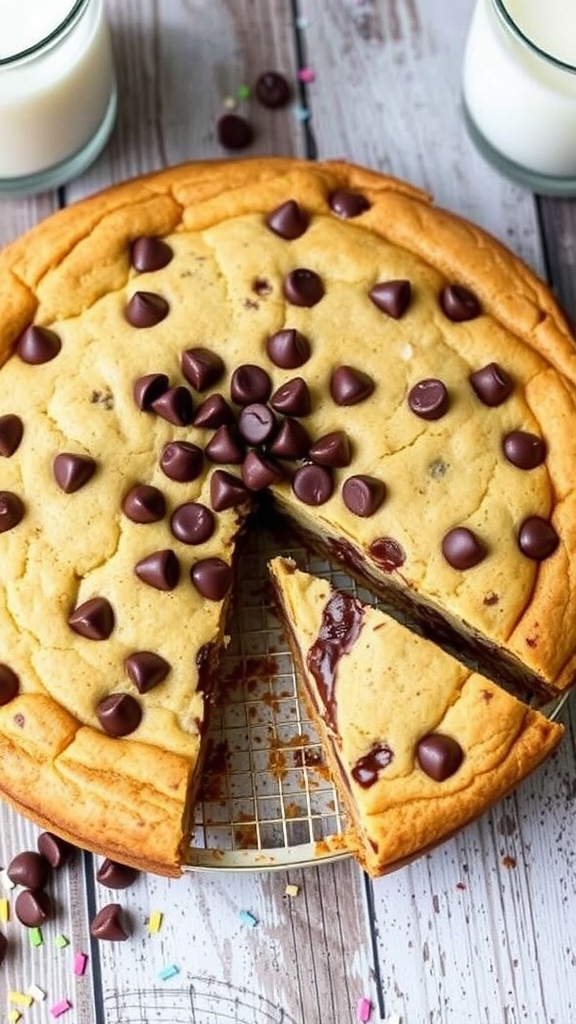 Delicious 9x9 Cookie Cake Recipe A delicious 9x9 cookie cake with chocolate chips, served on a wooden table with a glass of milk.